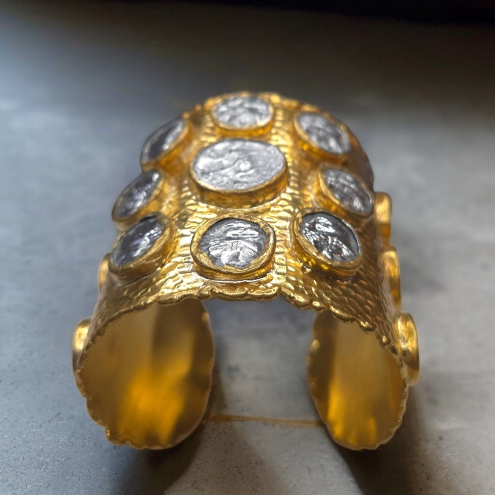 24k Gold Plated Massive Artisan Ancient Coin Cuff Bracelet - Picture 4 of 9